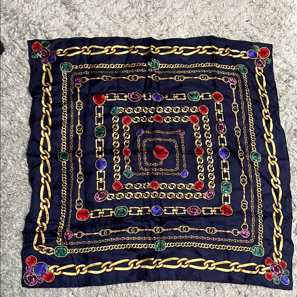 Vintage Blue & Gold Silk Scarf Wrap | Gem Print | Elegant Classic Style